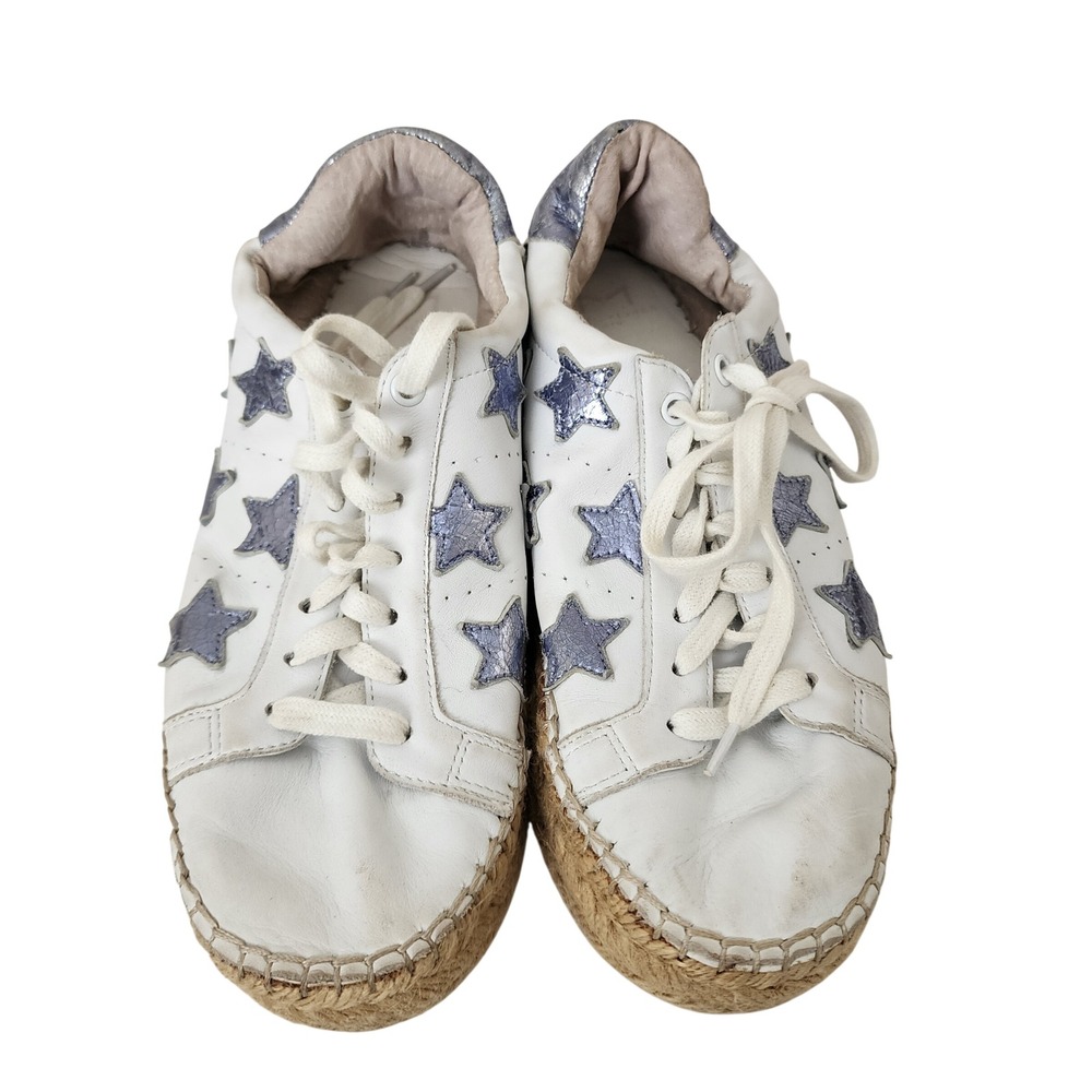 White Leather Star Espadrille Sneakers Metallic Blue Stars Lace Up Low Top 8